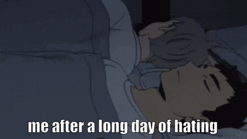 a cartoon of a man and a woman laying in bed with the words `` me after a long day of hating ''