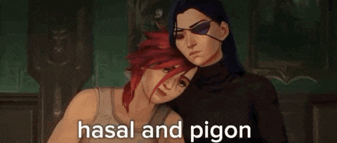 a couple of women standing next to each other with the words `` hasal and pigon '' on the bottom .