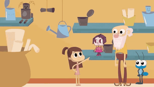 a cartoon of a girl pointing at something