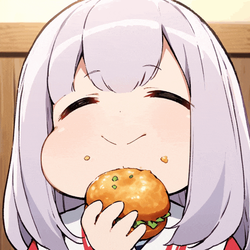 a cartoon girl is eating a hamburger with a smile on her face