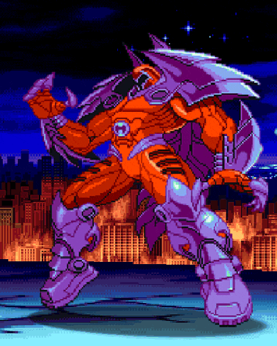 a pixel art drawing of a robot with a purple armor