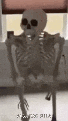 a skeleton is sitting in front of a window with a cell phone in its hand .