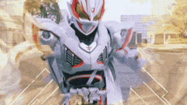 a robot with a helmet on is standing in front of a building .