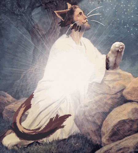 a painting of jesus with a cat 's tail on his head