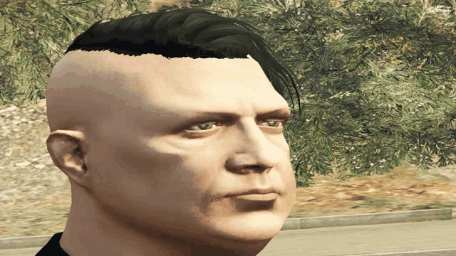 a close up of a man 's face with a mohawk and green eyes