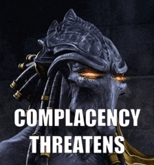 a picture of a monster with the words complacency threatens below it