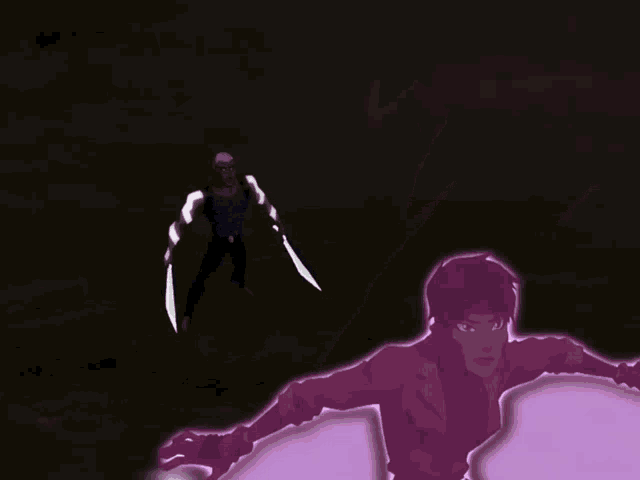 a cartoon of a man holding a knife and a woman with a purple aura