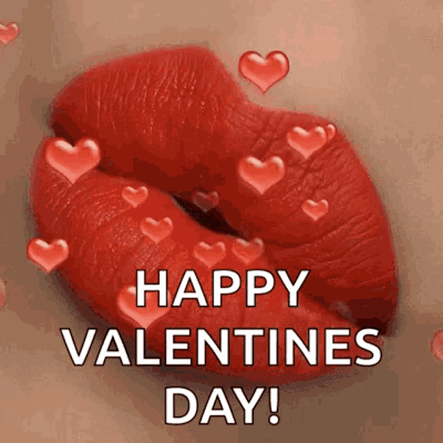 a close up of a woman 's red lips with hearts coming out of them and the words happy valentine 's day .