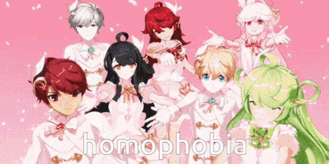 a group of anime characters standing next to each other with the word homophobia on the bottom right