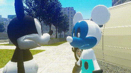 mickey mouse and minnie mouse are standing next to each other on a sidewalk in a park .