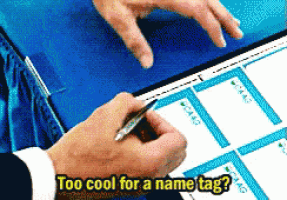 a man is writing on a piece of paper with the words too cool for a name tag