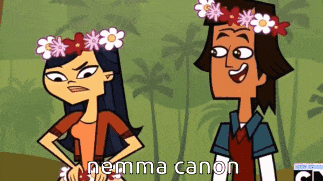 a cartoon of a boy and a girl with flowers in their hair and the words nemma canon