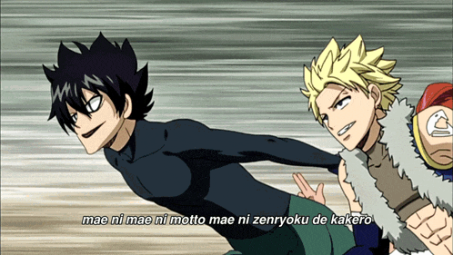 a couple of anime characters with the words mae ni mae ni motto mae ni zenryoku de kakero