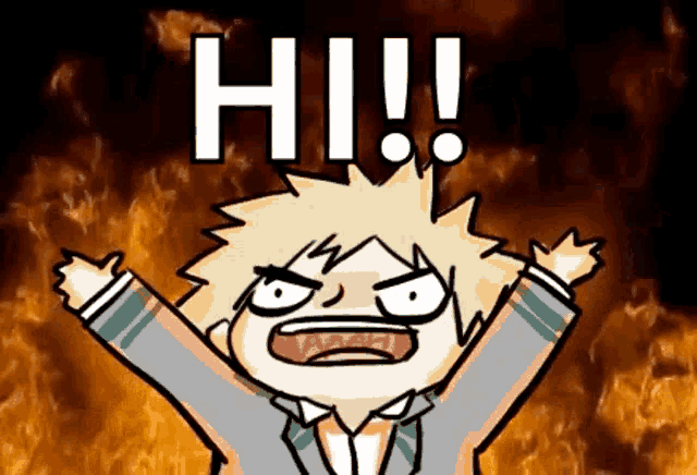 a cartoon of a boy with his arms outstretched and the word hi written on it