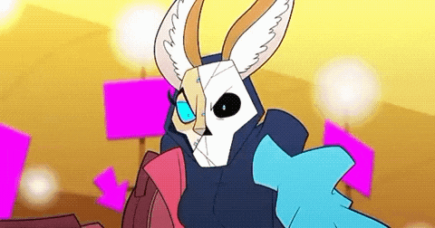 a cartoon drawing of a rabbit with a skull mask on its face .