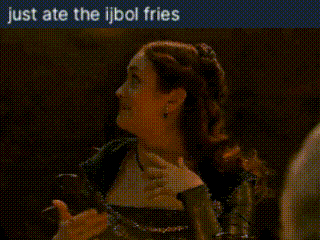 a picture of a woman with the words just ate the ijbol fries below her