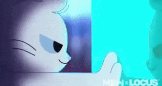 a cartoon cat is looking at a blue screen with a purple background .