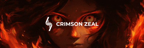 a painting of a girl with red eyes and the words crimson zeal below her