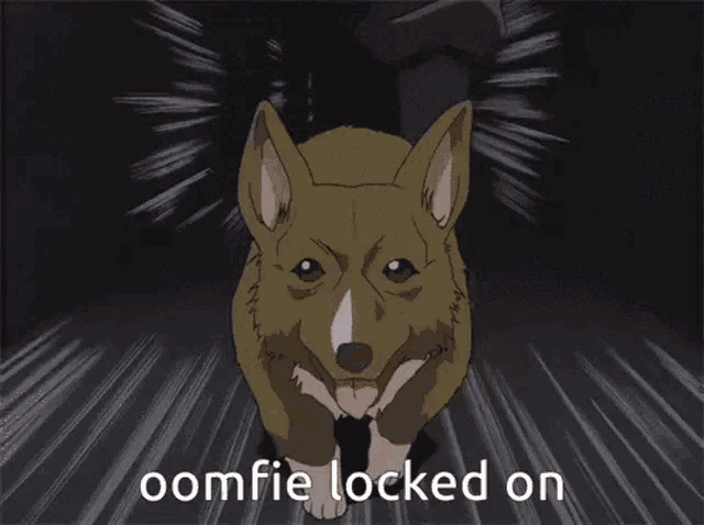 a cartoon dog with its tongue hanging out and the words " oomfie locked on " above it