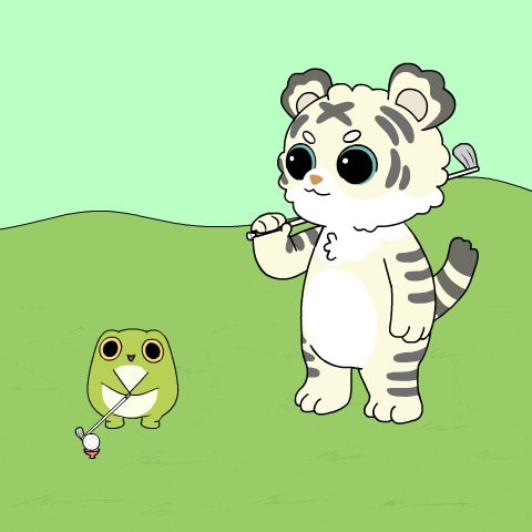 a cartoon of a frog holding a golf club and a tiger holding a golf club