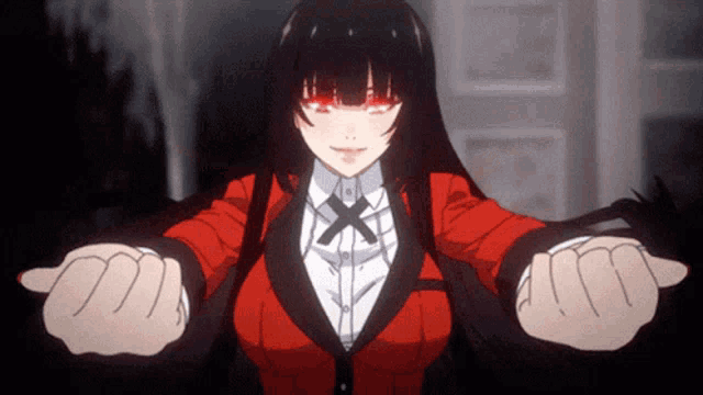a girl with red eyes and a red jacket is holding her hands out