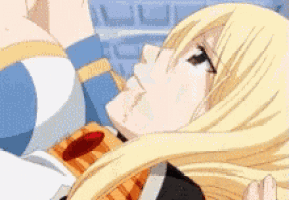 a close up of a blonde anime girl laying down with a bloody nose .