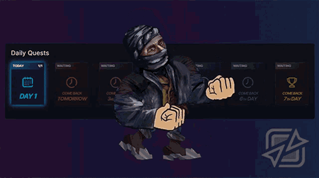 a cartoon of a man standing in front of a daily quests display