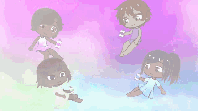 a cartoon drawing of a boy and two girls holding bottles