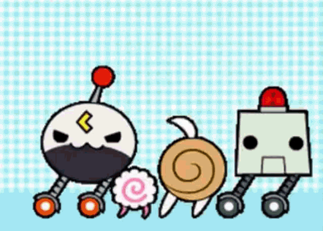 a group of cartoon characters standing next to each other on a blue checkered background