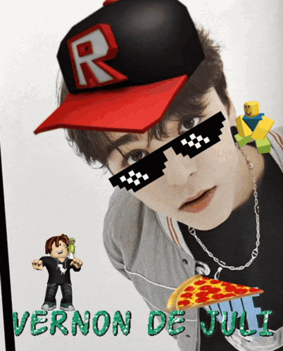 a boy wearing a hat and sunglasses with the name vernon de juli on the bottom