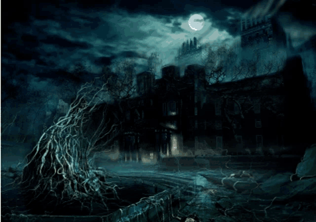 a full moon shines brightly over a dark building