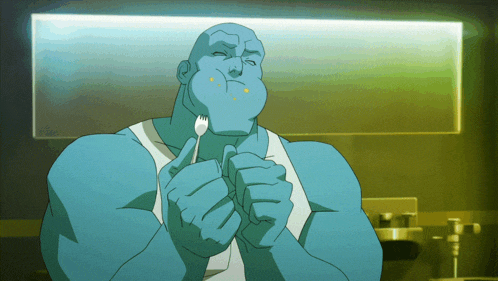 a blue cartoon character is holding a fork in his hand