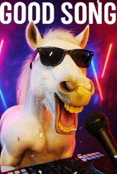 a white horse wearing sunglasses is singing into a microphone with the words good song behind it