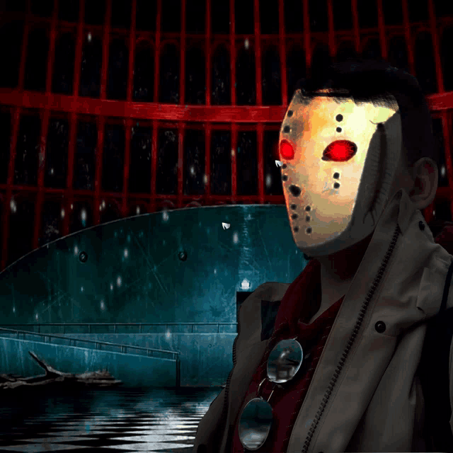 a man wearing a jason voorhees mask stands in front of a fence