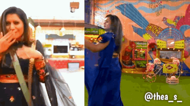 a woman in a blue saree is dancing in front of a mural