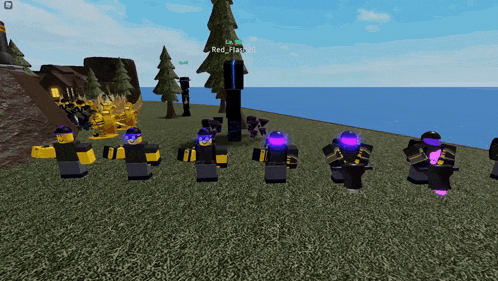 a group of roblox characters are standing in a field and one of them is named red_flash