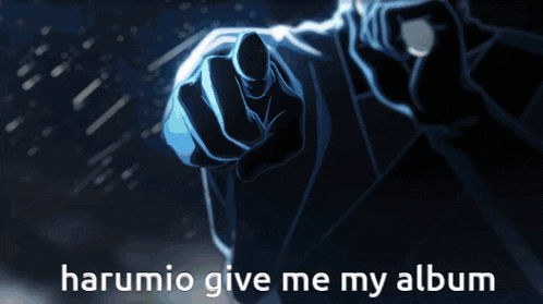 a boy singing into a microphone with the words harumio give me my album above him