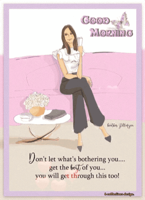 a woman is sitting on a pink couch with the words good morning