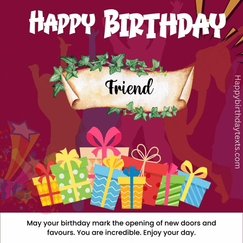 a birthday card for a friend with gifts and a scroll that says happy birthday