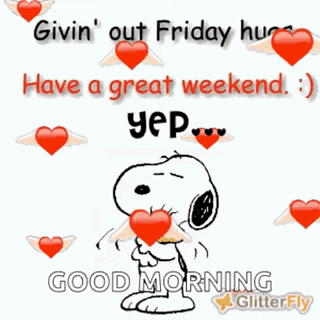 a picture of snoopy with hearts and the words good morning glitter fly
