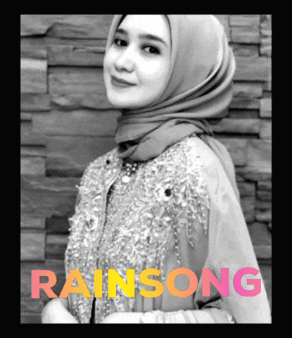 a black and white photo of a woman wearing a hijab with the word rainsong written on it