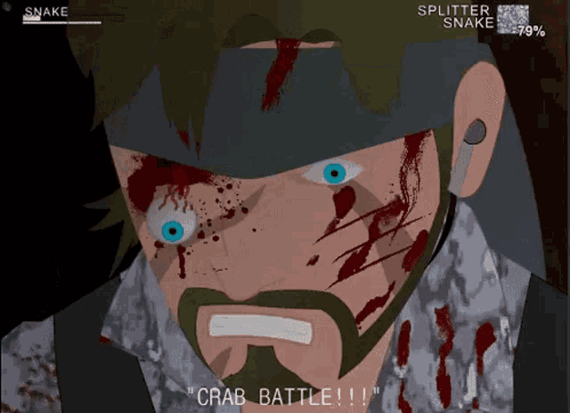 a cartoon of a man with blood on his face and the words crab battle