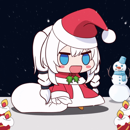 a cartoon drawing of a girl dressed as santa claus with a snowman in the background