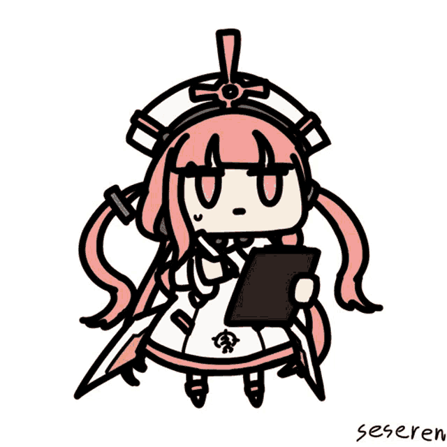 a drawing of a girl with pink hair and the name seseren on the bottom left