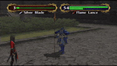 a video game with silver blade and flame lance being displayed