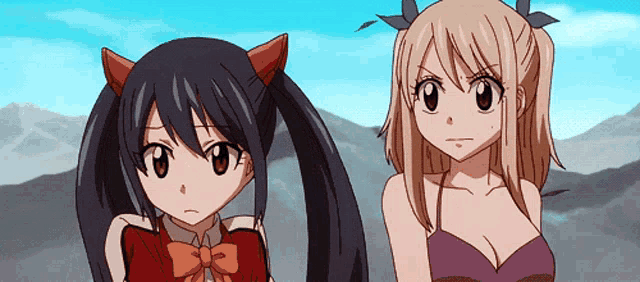 a couple of anime girls standing next to each other with mountains in the background