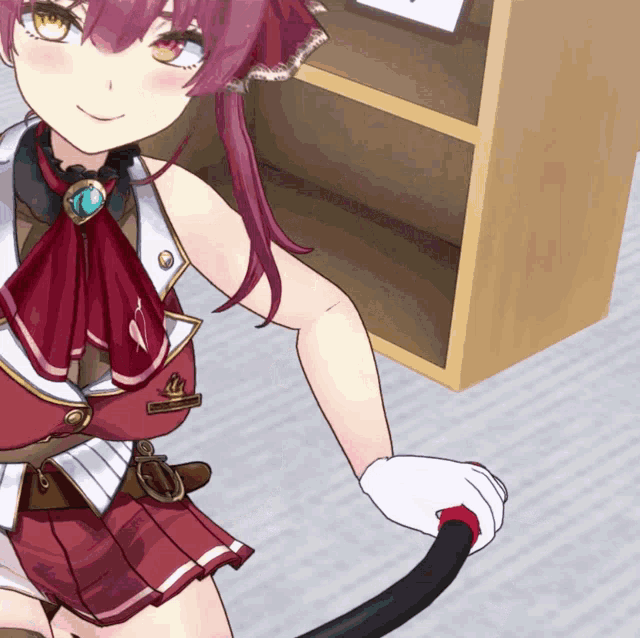 a girl with a name tag that says ' marine ' on it is holding a vacuum cleaner