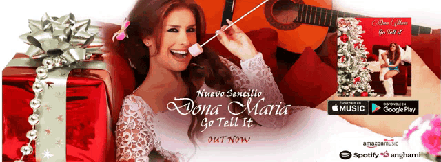 a woman is holding a marshmallow in her mouth while a guitar is behind her