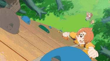 a cartoon drawing of a girl climbing a wooden wall with a sticker that says ' a ' on it