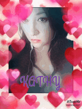 a picture of a woman with the name kathy surrounded by pink hearts